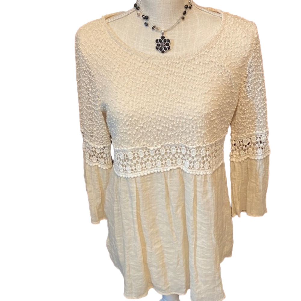 Cal Style Cream Textured Crochet Lace Boho Tunic Size S